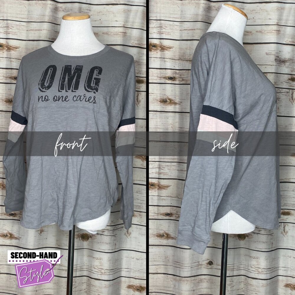 "OMG No One Cares" Graphic Striped Sleeve Sweatshirt with Rounded Hem